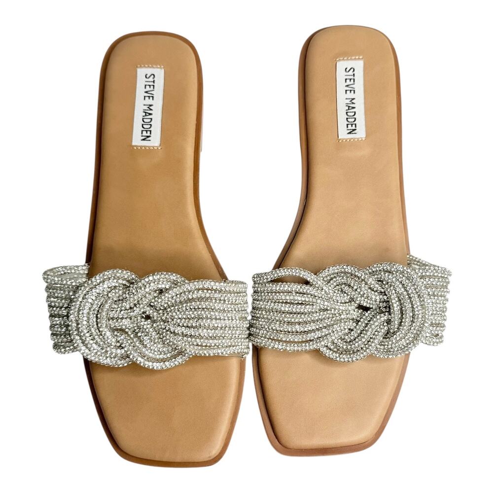 Steve Madden Slide Sandal Adore Rhinestone Bling Knot Front Womens Shoe 9 Silver